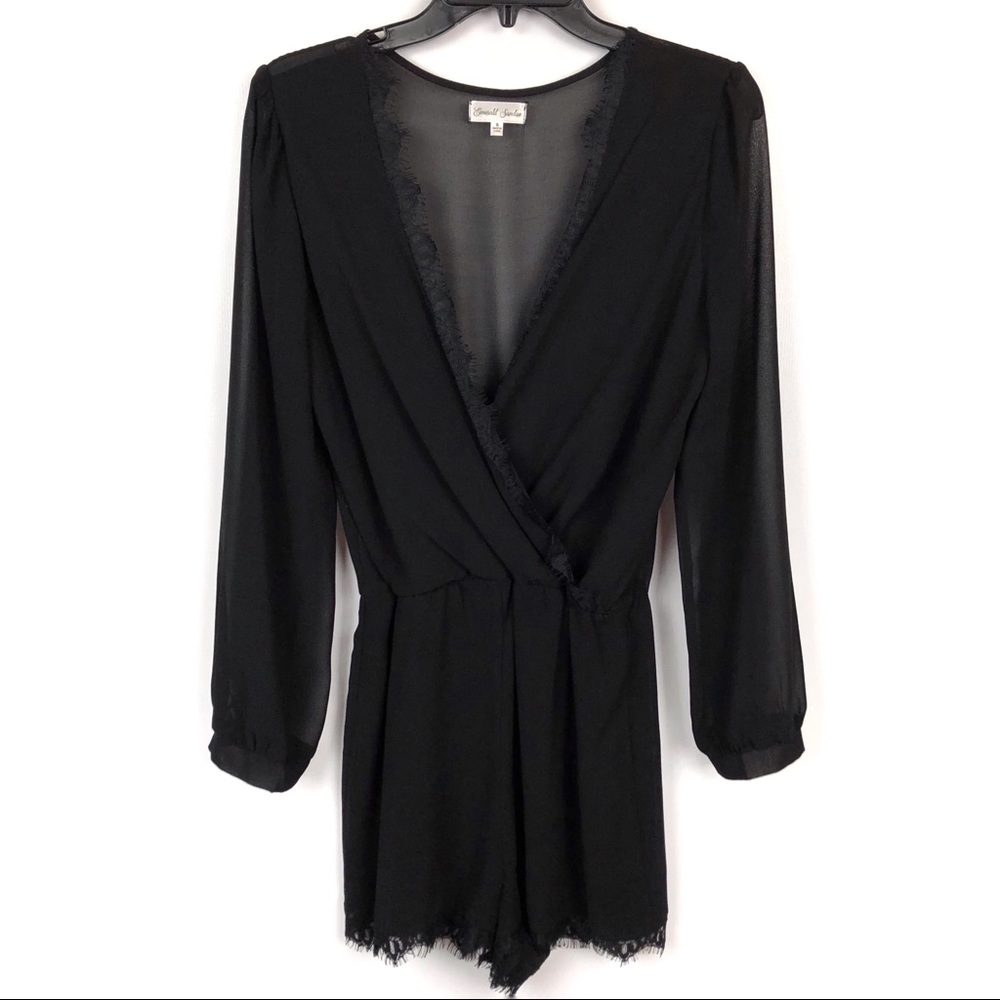 Emerald Sundae Black Lace Trim Long Sleeve Romper - Picture 2 of 7